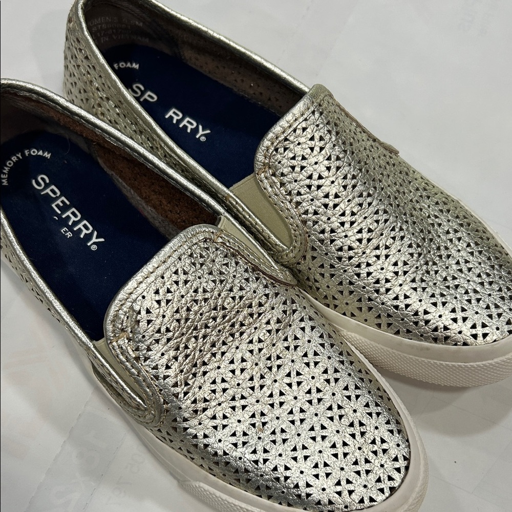 Sperry Metallic Silver Perforated Slip-Ons